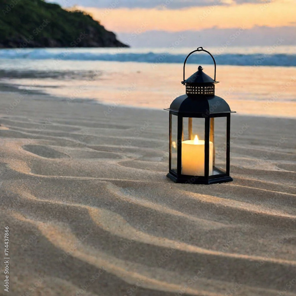 Handheld lamps and candles placed on the beach at the seaside, beautiful evening beach, green food on sugar, sunset and waves at the seaside
