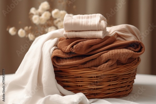 Stack of clean towels in wooden basket on table in bathroom