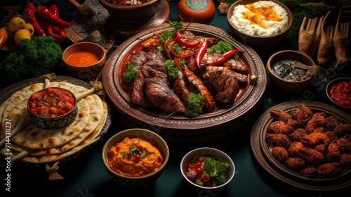 The traditional food menu is served on earthenware plates, a menu for family gathering dinners on holidays.