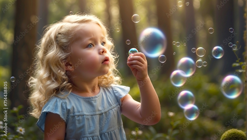 Bubble Soap Girl Blond Dress Blue Forest Woods Kid Playing Bubble Soap Girl Blond Dress Blue Forest Woods Kid Playing