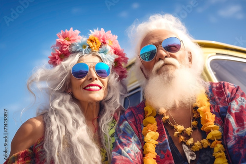 Hippy Couple Man Woman Flower Power Van 