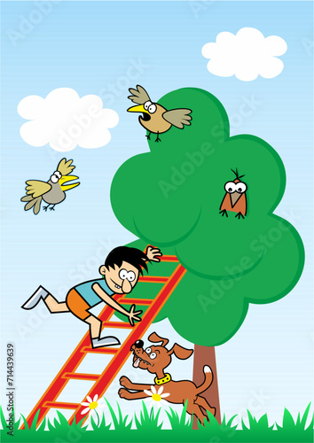 Fototapeta Naklejka Na Ścianę i Meble -  A boy on a ladder, an approaching dog, a tree and birds, vector humorous illustration