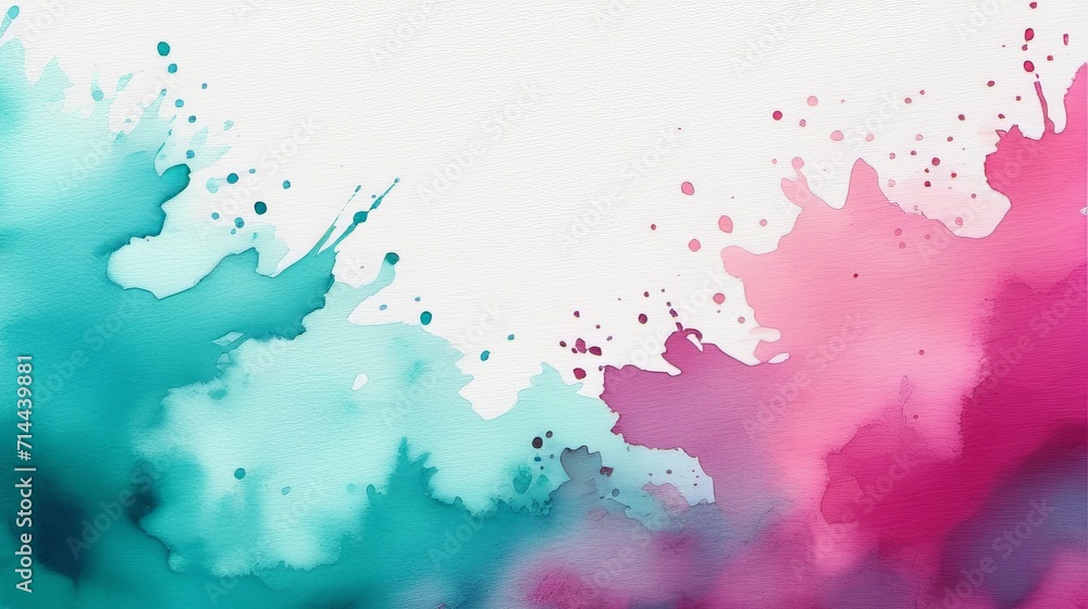 Vibrant Abstract Watercolor Background with Blending Teal and Magenta Hues on White Canvas