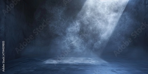 Blue dark abstract light in night background setting empty scene with smog old black fog under spotlight textured smoke creating dramatic lantern space street concept bright effect on floor © Thares2020
