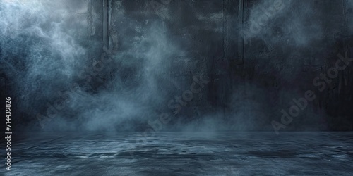 Blue dark abstract light in night background setting empty scene with smog old black fog under spotlight textured smoke creating dramatic lantern space street concept bright effect on floor photo