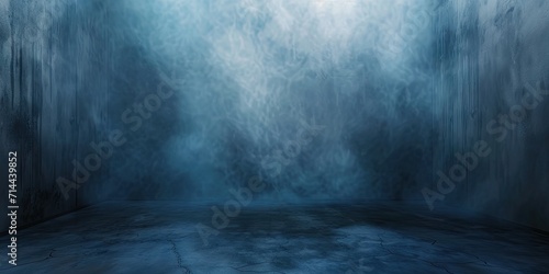 Blue dark abstract light in night background setting empty scene with smog old black fog under spotlight textured smoke creating dramatic lantern space street concept bright effect on floor