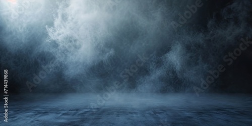 Blue dark abstract light in night background setting empty scene with smog old black fog under spotlight textured smoke creating dramatic lantern space street concept bright effect on floor