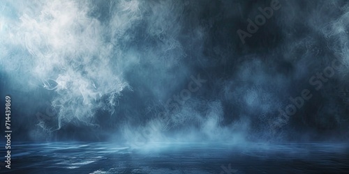 Blue dark abstract light in night background setting empty scene with smog old black fog under spotlight textured smoke creating dramatic lantern space street concept bright effect on floor