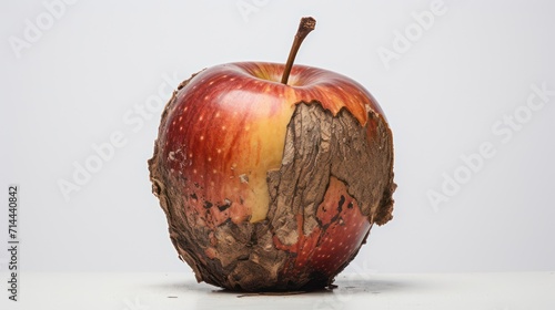 Close up of rotten red apple fruit on white background. Rotting organic waste. photo