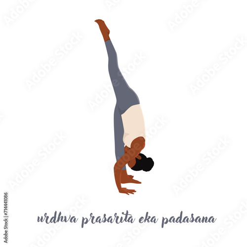 Woman doing Standing splits or Urdhva Prasarita Eka Padasana yoga pose. Flat vector illustration isolated on white background photo