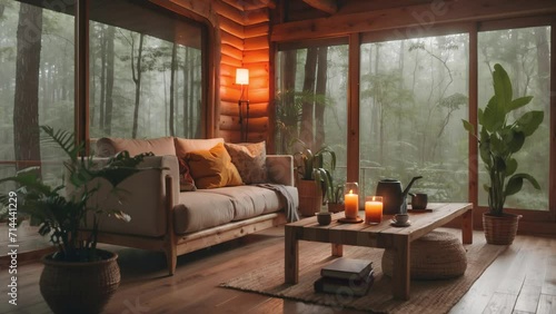 virtual backgrounds loop animation, stream overlay. cozy lo-fi living room in jungle, rain. live wallpaper, vtuber asset twitch zoom OBS screen, anime chill hip hop