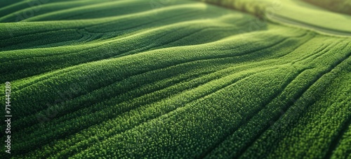 Aerial view of vast green fields with the landscape geometry texture. Farm fields with grain crops during growth and vegetation period. Scenic lighting of the morning sun. Modern agriculture industry.