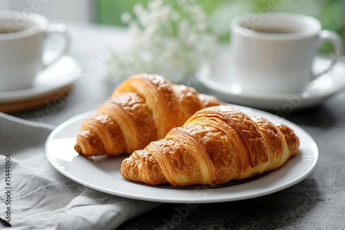 Fresh croissants and coffee cups on kitchen table. Healthy eating and sweet food concept. Romantic breakfast on the terrace with beautiful morning garden view.