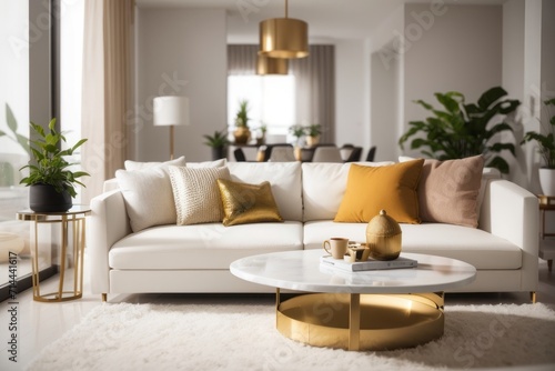 Luxury Interior home design of modern living room with white sofa and luxurious gold table near the window © Basileus
