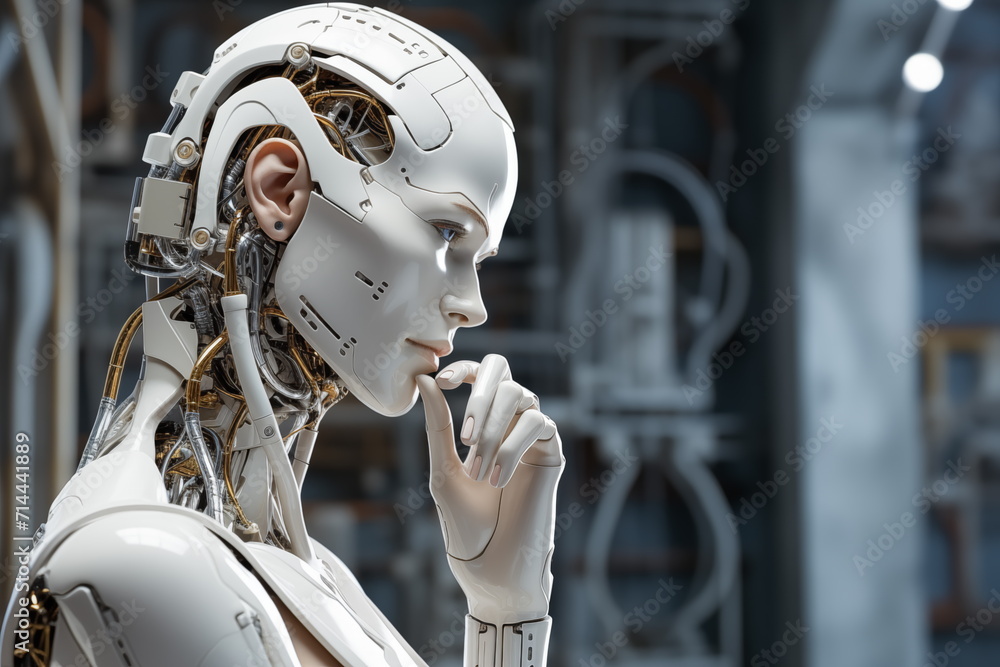 Fototapeta premium Close up portrait white humanoid robot on the futuristic techno background. Artificial Intelligence. Quantum computer. Generated AI