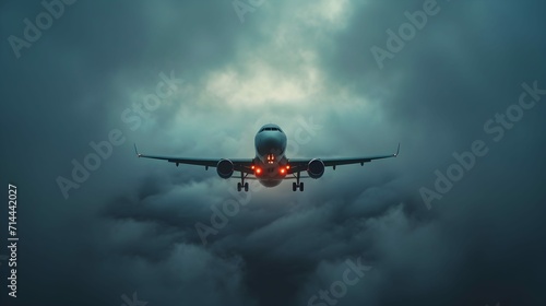 view of airplane in gray sky and dark clouds