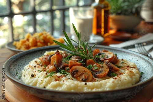 Close-up of wooden table with a plate of polenta and mushroom ragout, garnished with fresh greens and lit by sunlight. Cozy Italian restaurant with large windows overlooking beautiful garden.
