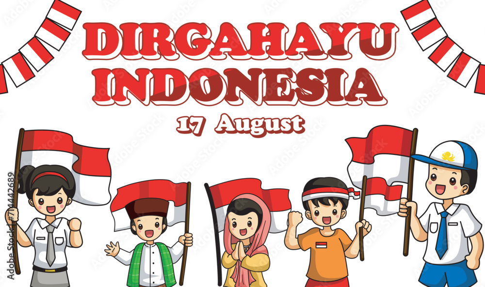 Banner of Indonesian Independence Day with text Dirgahayu Indonesia 17 August and image of people holding the flag