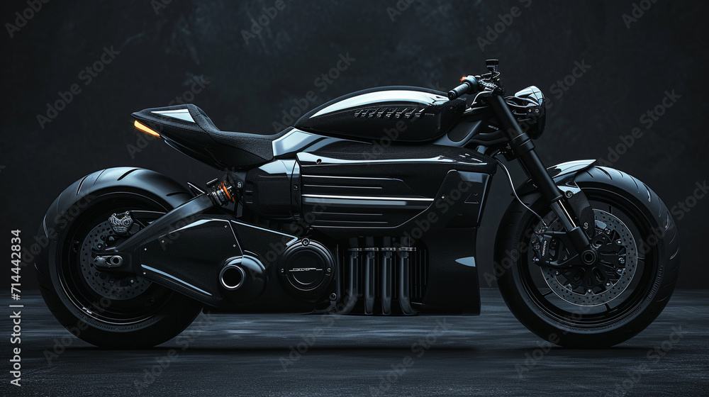 Rev up excitement AI image: A sleek black motorcycle, defined by clean lines, dominates against a dark backdrop. Dynamic and stylish, this image captivates for a powerful advertising statement. Rev up excitement AI image: A sleek black motorcycle, defined by clean lines, dominates against a dark backdrop. Dynamic and stylish, this image captivates for a powerful advertising statement.