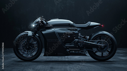 Rev up excitement AI image: A sleek black motorcycle, defined by clean lines, dominates against a dark backdrop. Dynamic and stylish, this image captivates for a powerful advertising statement.