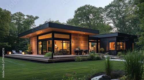 Modern eco-style wooden cottage exterior. Panoramic windows, spacious terrace, neatly trimmed lawn. Contemporary architecture concept for private residential houses.