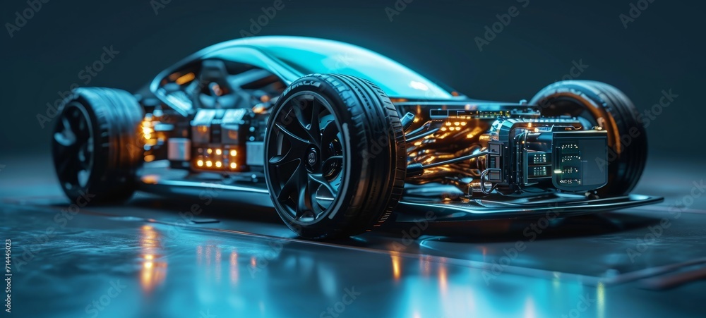 3D graphics rendering showing a fully developed electric vehicle prototype. Translucent image of the body allows to see the layout of components and assemblies. Blue neon lighting. - obrazy, fototapety, plakaty 