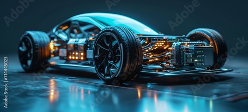 3D graphics rendering showing a fully developed electric vehicle prototype. Translucent image of the body allows to see the layout of components and assemblies. Blue neon lighting.