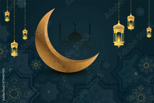 Ramadan Kareem moon and mosque beautiful background Realistic 3D Arabic ornamental BG up-01