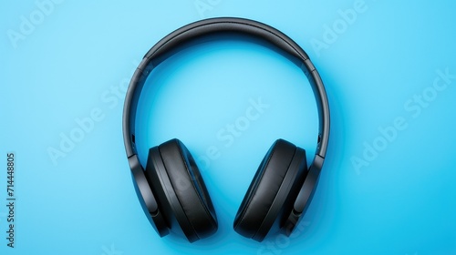 Top view of headphones on blue background with copy space. Flat lay.