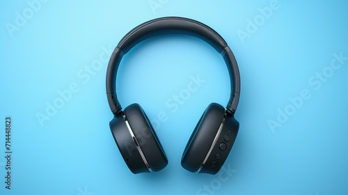 Top view of headphones on blue background with copy space. Flat lay.