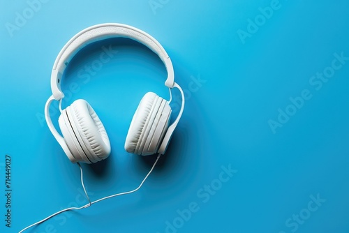 Top view of white headphones on blue background with copy space. Flat lay.