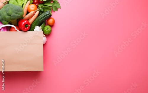     The top view of a paper bag containing wholesome vegan and vegetarian options against a pink backdrop highlights the background of delivery healthy food, embodying the clean eating and grocery sho