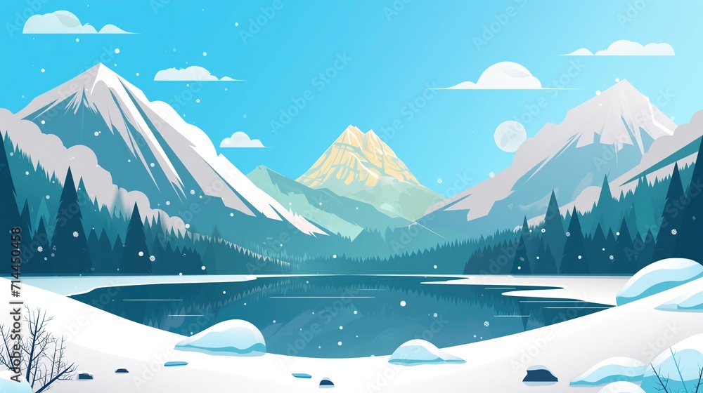 2d flat illustration of green landscape scenery mountain and lake during winter season