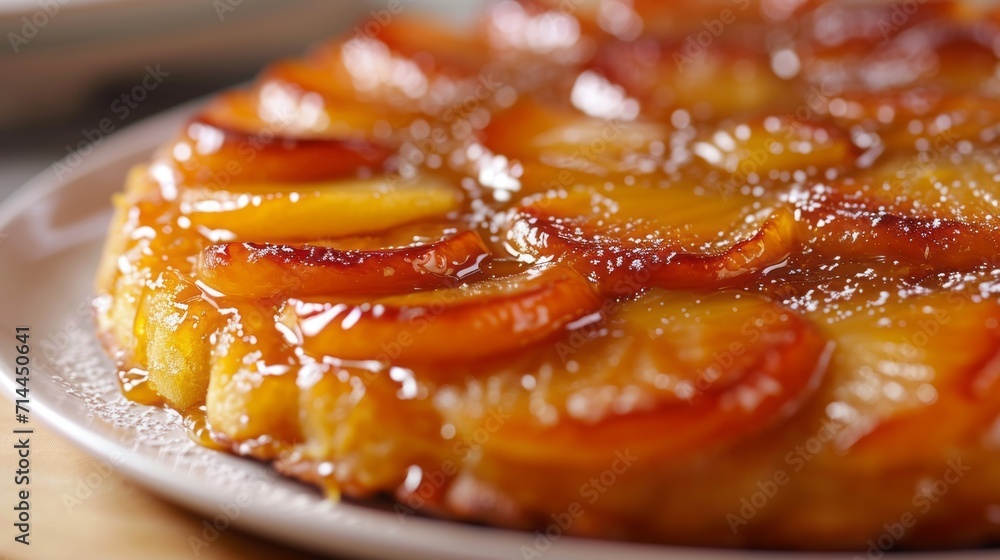 Close-up of Tarte Tatin with caramelized fruits and powdered sugar on a white plate. Traditional French pie being prepared upside down. Close-up of Tarte Tatin with caramelized fruits and powdered sugar on a white plate. Traditional French pie being prepared upside down.