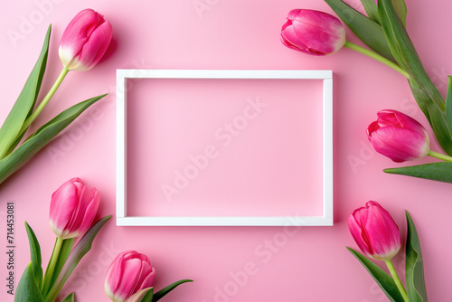 Pink tulips with white frame on pink background photo