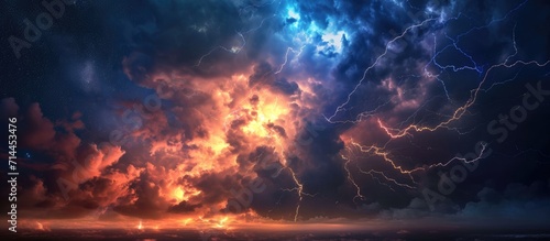 Lightning splits the sky and strikes the ground. photo
