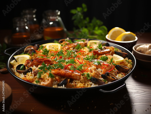 realistic_photo_of_paella_rice_dish_on_a_blue_plate_with