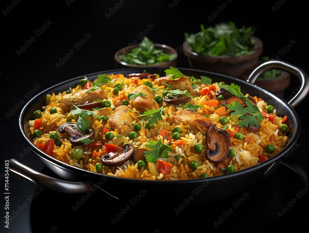 realistic_photo_of_paella_rice_dish_on_a_blue_plate_with