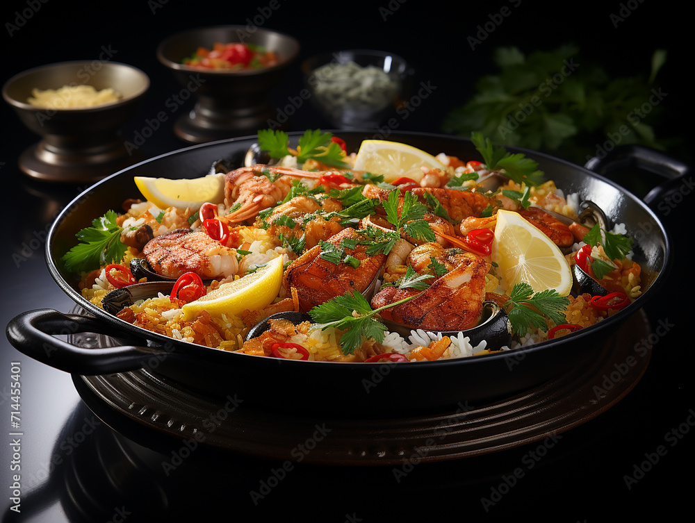 realistic_photo_of_paella_rice_dish_on_a_blue_plate_with realistic_photo_of_paella_rice_dish_on_a_blue_plate_with