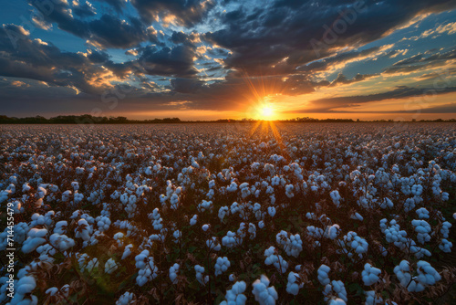 Cotton Field Sunset Glow - Dramatic Sky Over a Cotton Plantation at Dusk