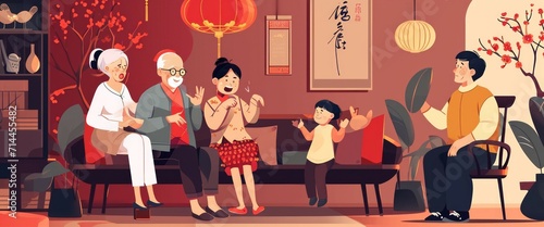 Happy family celebrating Chinese New Year in traditional clothes cartoon 2d illustration.