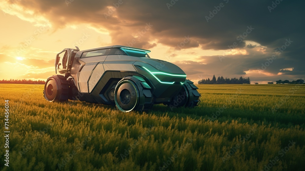 Fototapeta premium Future transportation car in the middle of green grass.