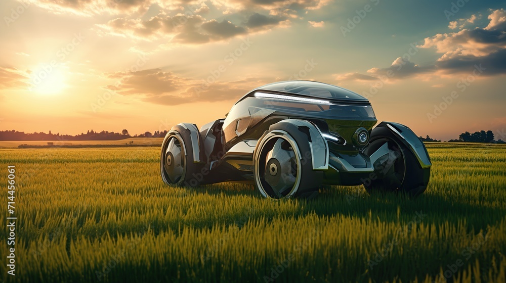 Future transportation car in the middle of green grass. Future transportation car in the middle of green grass.