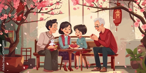 Happy Chinese New Year 2024, 2025, 2026, 2027, 2028 greeting card, banner, poster. Cute cartoon family celebrate chinese new year.