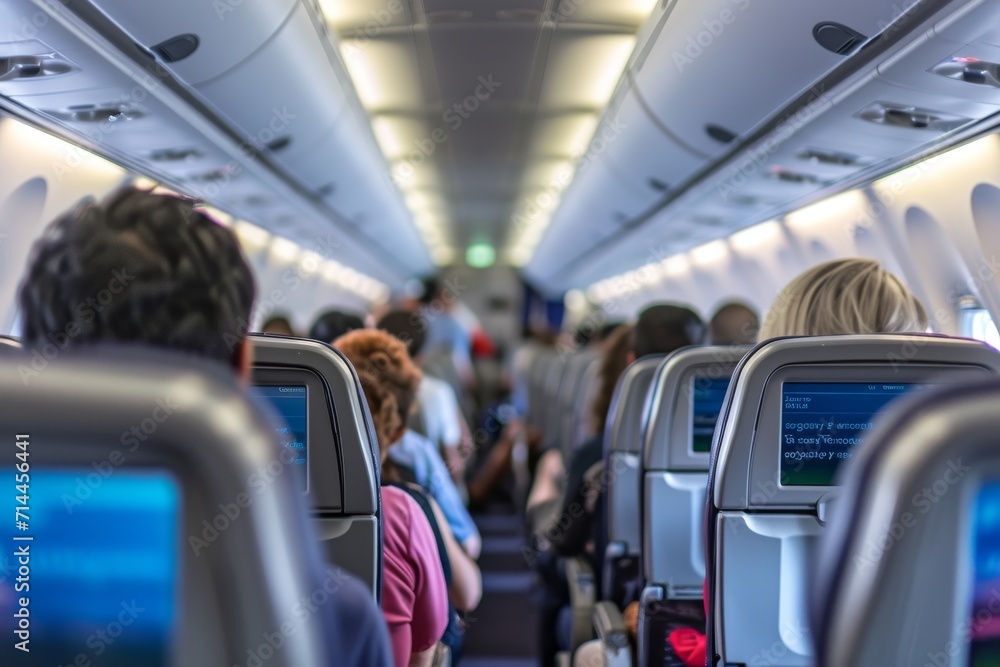 Passengers seated in the cabin of an airplane Passengers seated in the cabin of an airplane