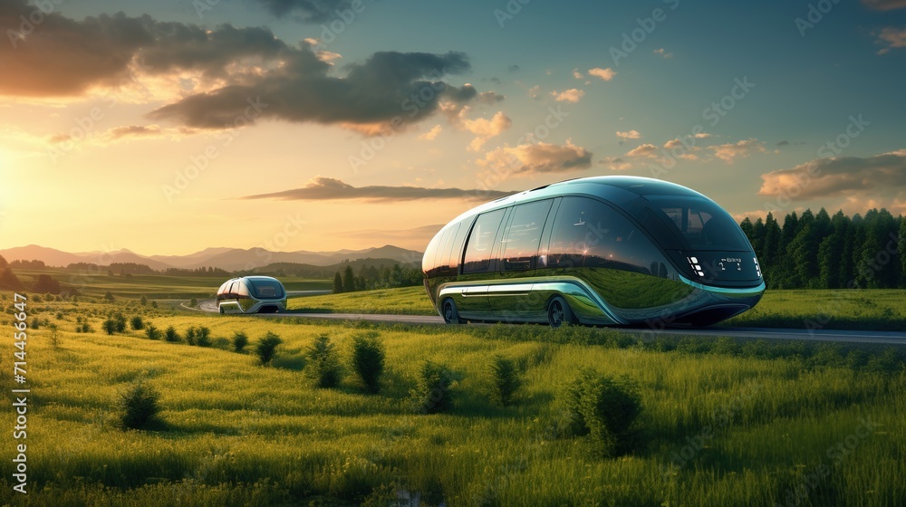 Future transportation car in the middle of green grass. - obrazy, fototapety, plakaty 