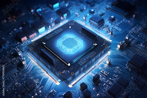 Blue electronic circuit CPU board with processor, representing computer technology and hardware industry in a close-up macro view