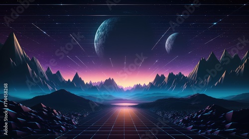 Retro cyberpunk style landscape background banner moon mountain flat area