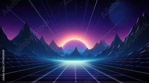 Retro cyberpunk style landscape background banner moon mountain flat area