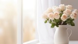 white roses in white jug in bedroom